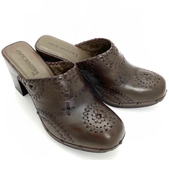 JACK Rogers Ali Clogs Wood Chunky Heel Platform Leather Mule Sandal in Brown - Picture 10 of 12